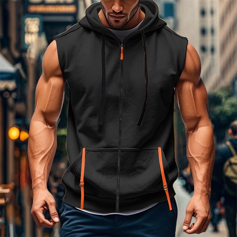 Men's Tank Top Vest Top Undershirt Sleeveless Shirt Sleeveless Hooded Summer Plain Fashion Designer Basic Zip Up Drawstring Front Pocket Vacation Street Going out Black Wine Navy Blue Top Tee for Men2
