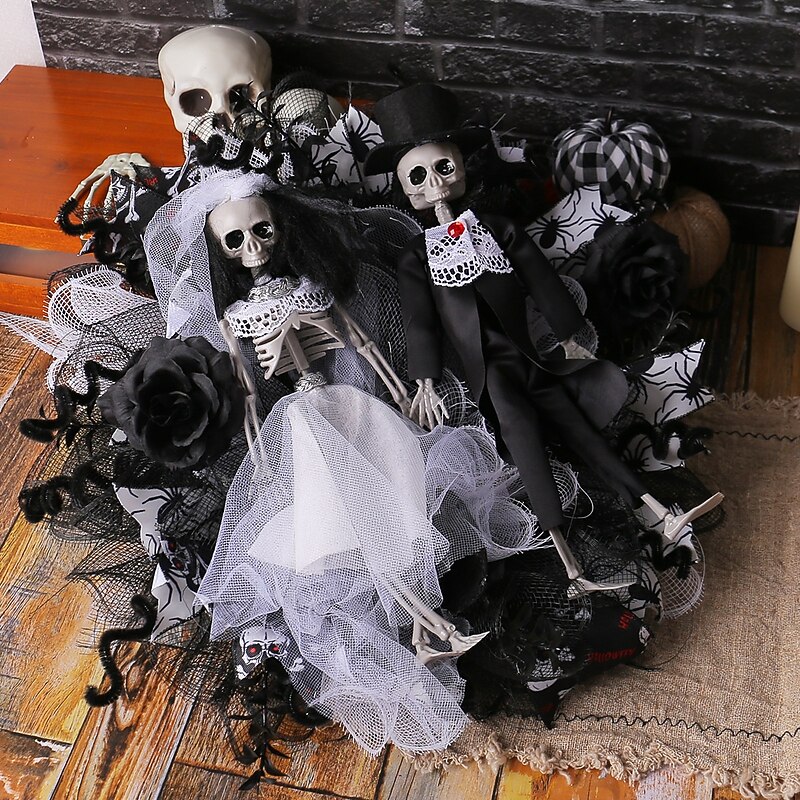 Halloween Wreaths for Front Door Indoor Outdoor Decoration, Skeleton Bride and Groom Mesh Floral Wreath with Ghost Vine for Haunted House Spooky Decor2