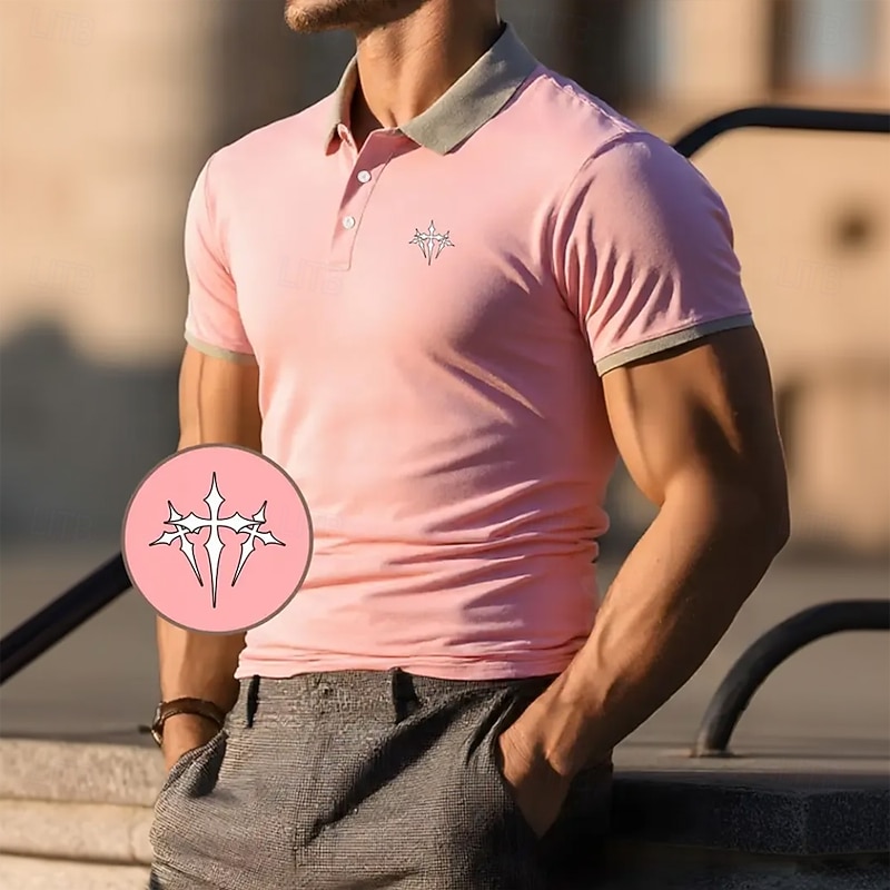 Men's Graphic Polo Short Sleeve Turndown Vacation Casual Daily Business Athleisure Casual Daily Buttons Summer Pink Red Navy Blue2
