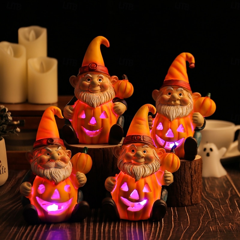 Halloween Pumpkin Gnome Resin Figurine, Glowing Pumpkin Holding Elderly Gnome, Novelty Yard Decoration, Light-Up Resin Craft Statue
