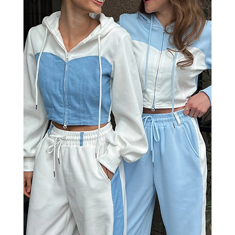 Women's Tracksuit Sweatpants Hooded Jacket Lace Zipper Pocket Color Block Clothing Suit Fall White Pink Gym Athleisure Running Thermal Warm Windproof Long Sleeve Sport Activewear Stretchy Regular Fit