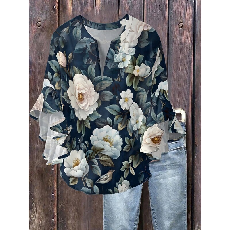 Women's Blouse Floral Stylish Modern 3/4 Length Sleeve V Neck Regular Tops Daily Holiday Ruffle Print Grass Green Pink Navy Blue Green Summer4
