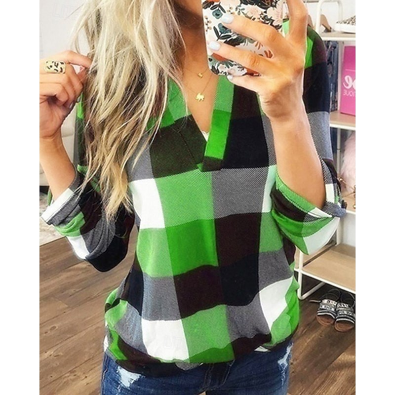 Women's Shirt Blouse Plaid Modern Casual Long Sleeve V Neck Regular Tops Holiday Going out Yellow Red Purple Orange Green Fall3