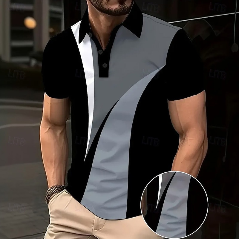 Men's Geometic Line Polo Short Sleeve Polo Shirts Collared Shirts Business Casual School Outdoor Athleisure Daily Wear 3D Print Summer Spring Fall Black