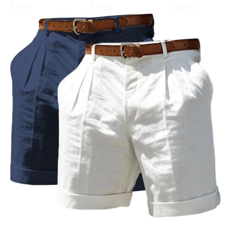 Men's Shorts Linen Shorts Dress Shorts Summer Shorts Beach Shorts Pocket Elastic Waist Straight Leg Plain Comfort Breathable Knee Length Business Casual Daily Fashion Classic Style White+khaki2