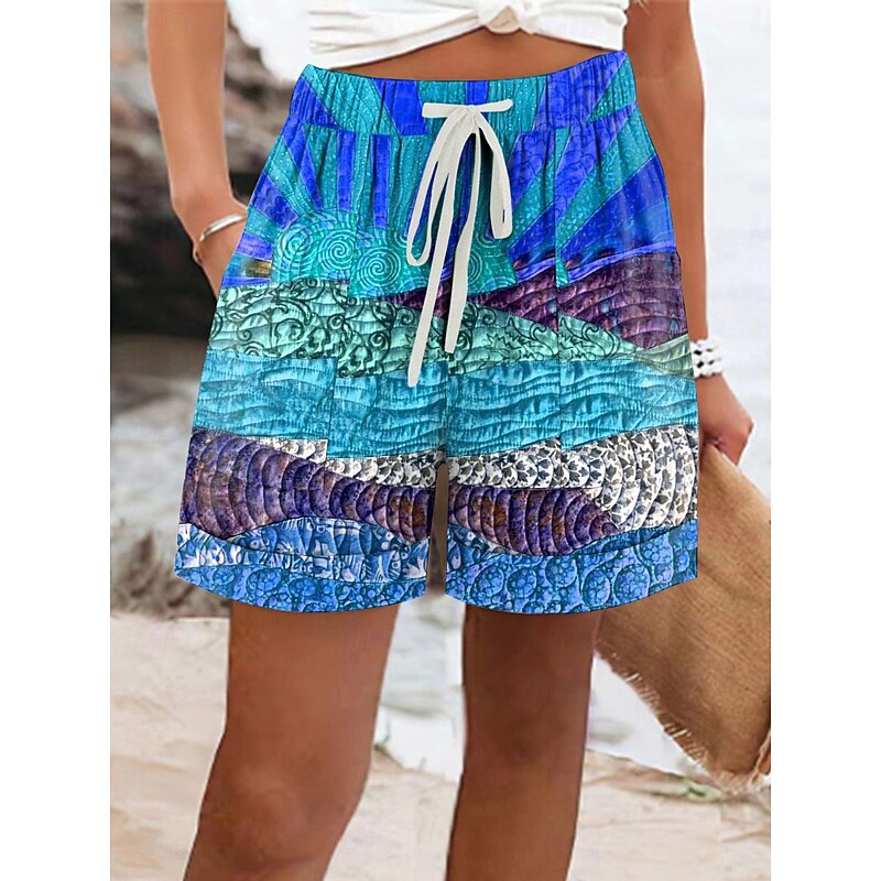 Women's Chinos Shorts Vacation Vintage Ethnic Style Short High Waist Graphic Abstract Elastic Waist Formal Vacation Street Robin's Egg Blue Orange Green Summer Spring Regular Fit2