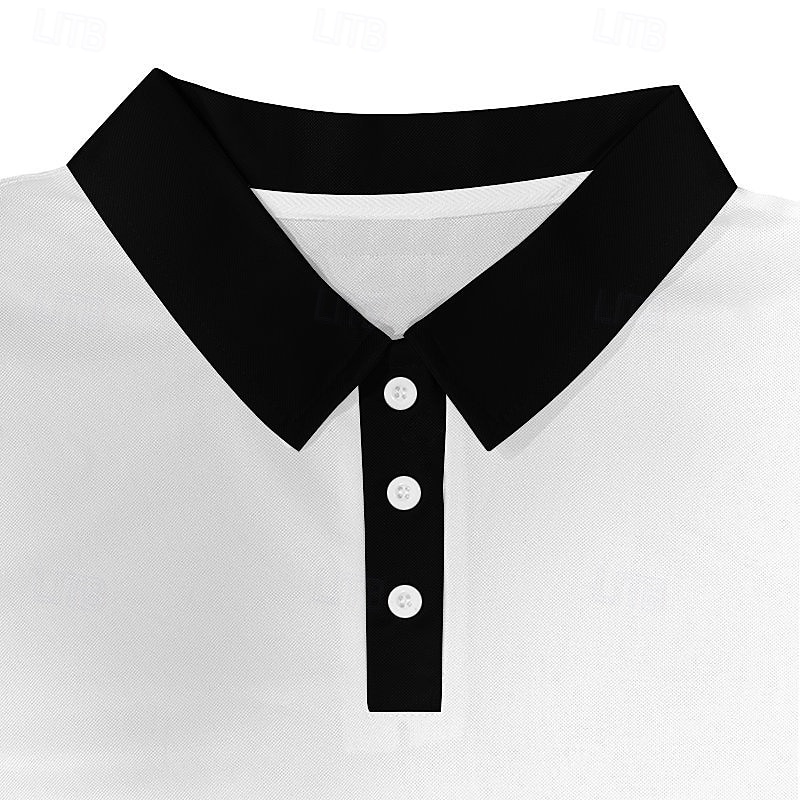 Men's Polo Button Up Polos Casual Sports Lapel Short Sleeve Fashion Basic Plaid Color Block Buttons Summer Spring Black Black White Polo3
