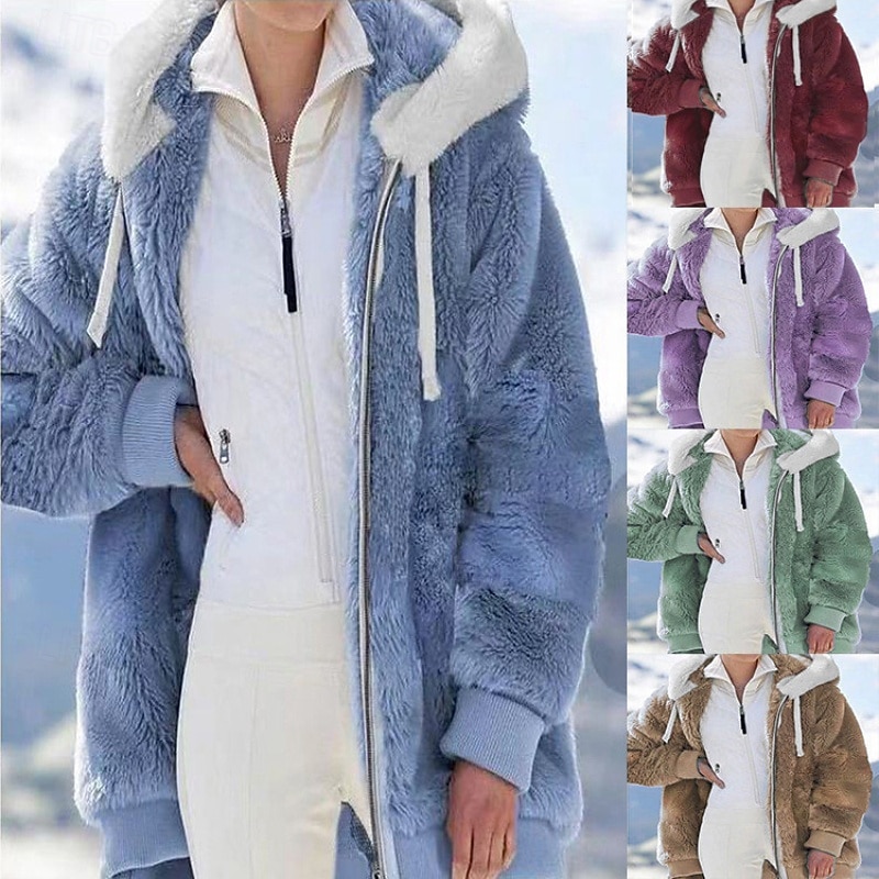 Women's Winter Coat Fleece Jacket Warm Comfortable Zipper Fur Collar Fashion Outdoor Solid Color Casual Daily Weekend Zipper Regular Hooded Regular Fit Long Sleeve Outerwear Wine Blue Purple Winter