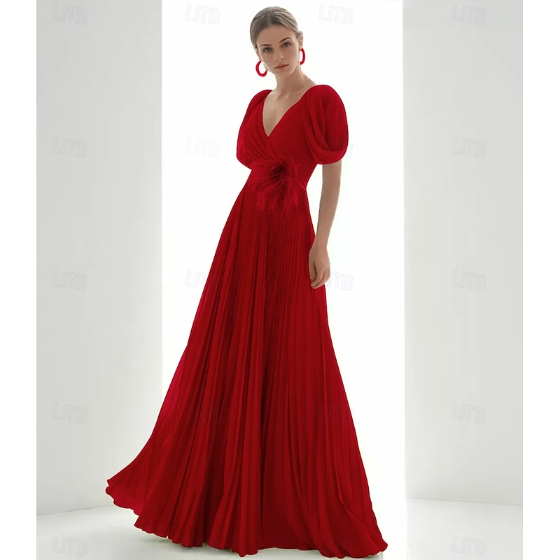A-Line Evening Gown Elegant Dress Beach Wedding Formal Floor Length Short Sleeve V Neck Chiffon with Feather Ruched4