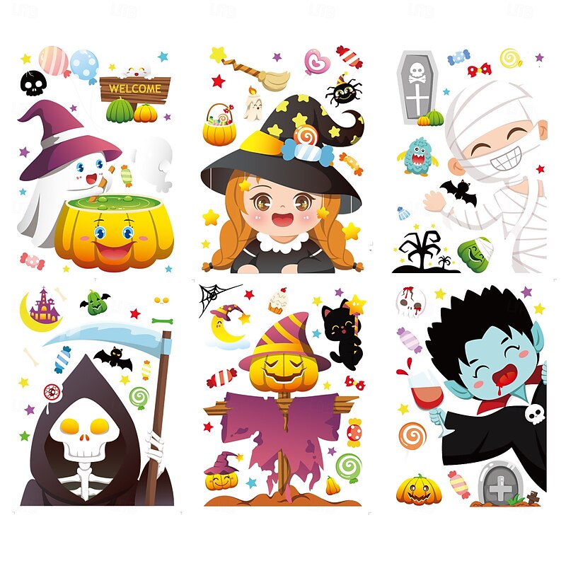 8 Sheets Halloween Window Cling Sticker Decals Decorations Double Side, Cute Cartoon Pumpkin Grim Reaper Skull Static Stickers for Halloween Party Supplies4