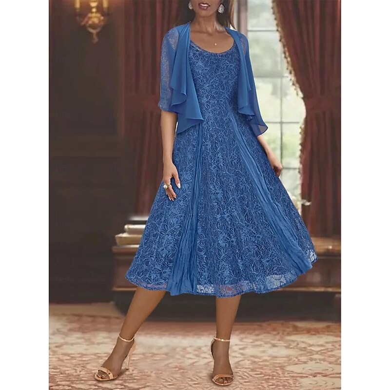 Two Piece A-Line Mother of the Bride Dress Elegant Simple Casual Boat Neck Ankle Length Chiffon Long Sleeve with Lace Ruffles