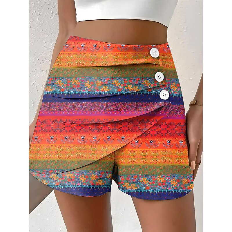 Women's Chinos Shorts Vacation Vintage Ethnic Style Short High Waist Graphic Color Block Gradient Pleated Inelastic Formal Vacation Street Yellow Pink Blue Orange Summer Spring Regular Fit3