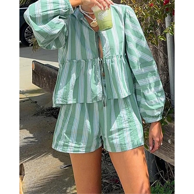 Women's Active Streetwear Cotton Linen Shirts Blouse Shorts Sets Long Sleeve V Neck Striped Ruched Daily Casual Daily Pink Green Summer Regular Fit