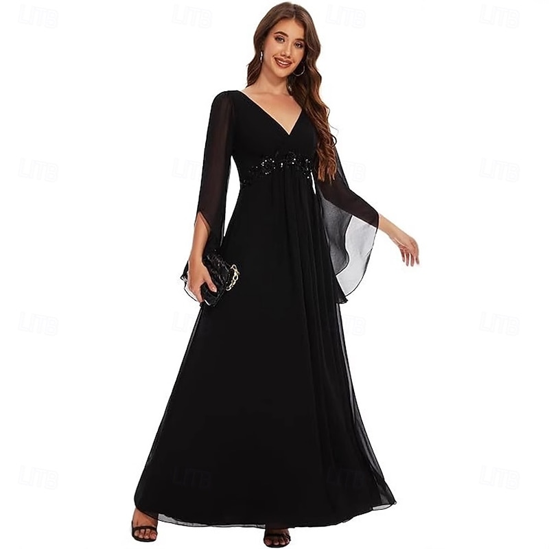 A-Line Mother of the Bride Dress Elegant Simple V Neck Floor Length Chiffon Long Sleeve with Pleats Solid Color