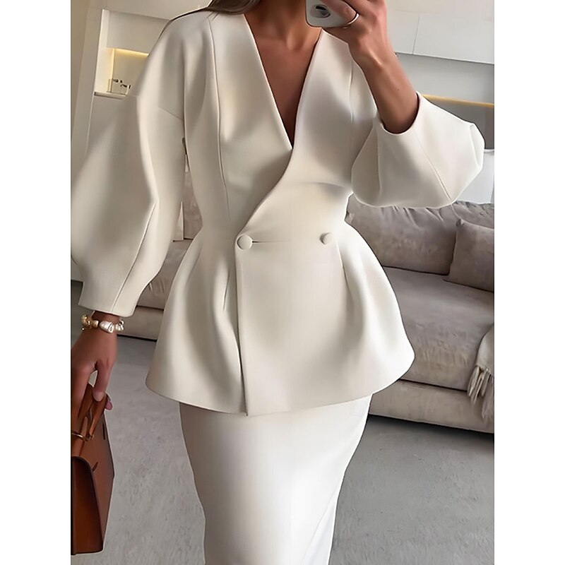 2 Pieces Tuxedo Dress Sets Sheath Formal Wedding Guest Formal Evening Elegant Simple Minimalist Long Sleeve Ankle Length V Neck Double Breasted4