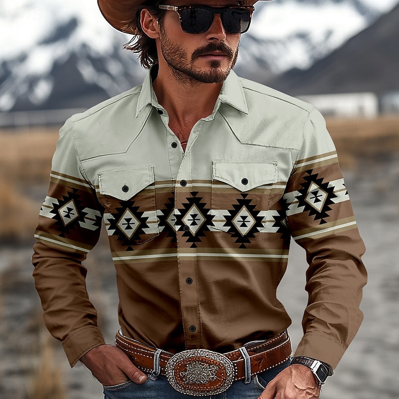 Men's Aztec Indian Culture Shirt Western Shirt Cowboy Shirt Long Sleeve Vintage Western Style Tribal Outdoor Daily WorkWear Fall & Winter Turndown 3D Print Front Two Pockets Button Up Shirts Red Brown2