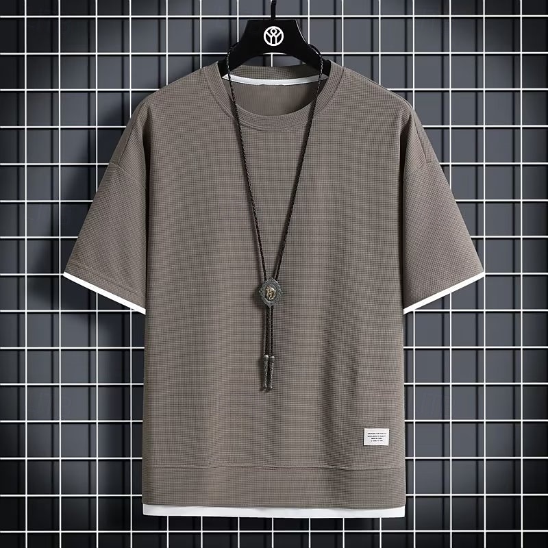 Men's Waffle Tee T Shirt Short Sleeve Short Sleeves Crew Neck Summer Plain Fashion Designer Basic Fake two piece Vacation Street Casual Black White Gray Top Tee for Men2