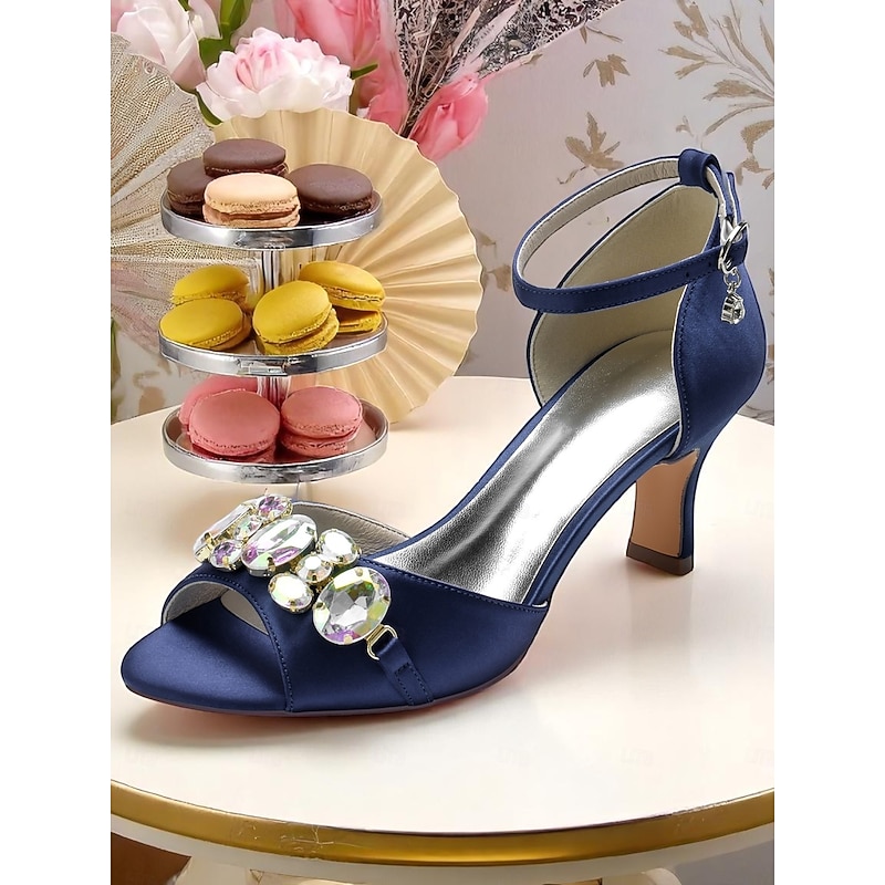Women's Black Satin Open Toe Heels with Ankle Strap and Crystal Gemstone Embellishment- Elegant Mid Heel Sandals for Cocktail Party & Evening Wedding Reception and Formal Events