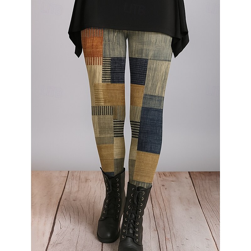 Women's Leggings Vacation Vintage Ethnic Style Ankle-Length High Waist Graphic Plaid Checkered Abstract 3D Print Quick Dry Breathability Soft Stretchy Outdoor Home Causal Yellow Red Gray Fall Regular3