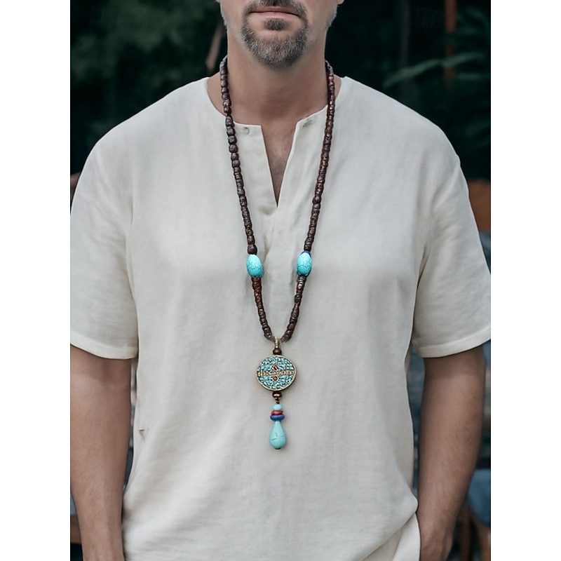 Men's Tribal Beaded Pendant Necklace – Handmade Ethnic Wooden Beads with Turquoise Accents, Bohemian Style for Casual Wear, Yoga, Meditation or Festival Outfits2