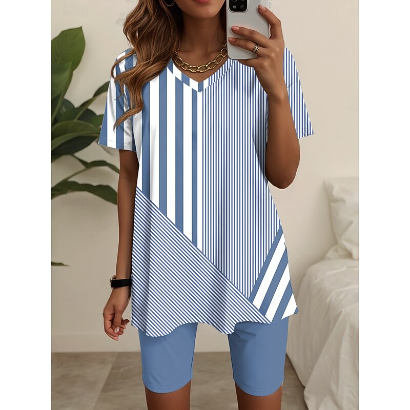 Women's Fashion T Shirt Shorts Sets Short Sleeve V Neck Graphic Striped Print Casual Daily Blue Purple Green Summer Loose Fit