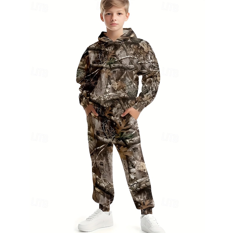 Boys' 3D Tree Hoodie & Sweatpants Set Sports Suit Tracksuits Long Sleeve Spring Fall Daily Basic Casual Kids 4-12 Years Hooded Outdoor Vacation Sports Tailored Fit4