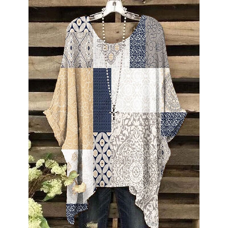 Women's Boho Shirt Floral Graphic Geometric Elegant Bohemia Active Short Sleeve Batwing Sleeve Crew Neck Regular Tops Daily Holiday Beach Wear Print White Yellow Red Blue Purple Summer Spring