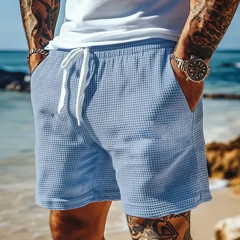 Men's Waffle Shorts Sweat Shorts Shorts Bermuda shorts Beach Shorts Elastic Waist Drawstring Plain Comfort Sports Knee Length Daily Holiday Beach Vacation Classic Style Blue Micro-elastic