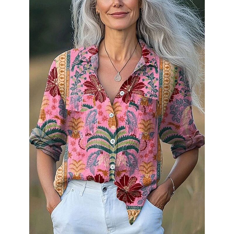 Women's Shirt Long Sleeve Button Down Blouse Floral Graphic Leaf Vintage Tropical Daily Shirt Collar Regular Tops Work Daily Buttons Print White Pink Purple Orange Spring Fall