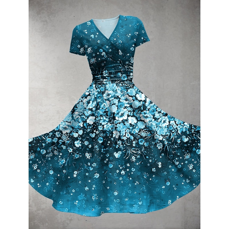 Women's Midi Dress Summer Dress Fit And Flare Dress Party Casual Daily Holiday Regular Fit Floral Graphic Short Sleeve V Neck Red Blue Green Dark Blue Summer4