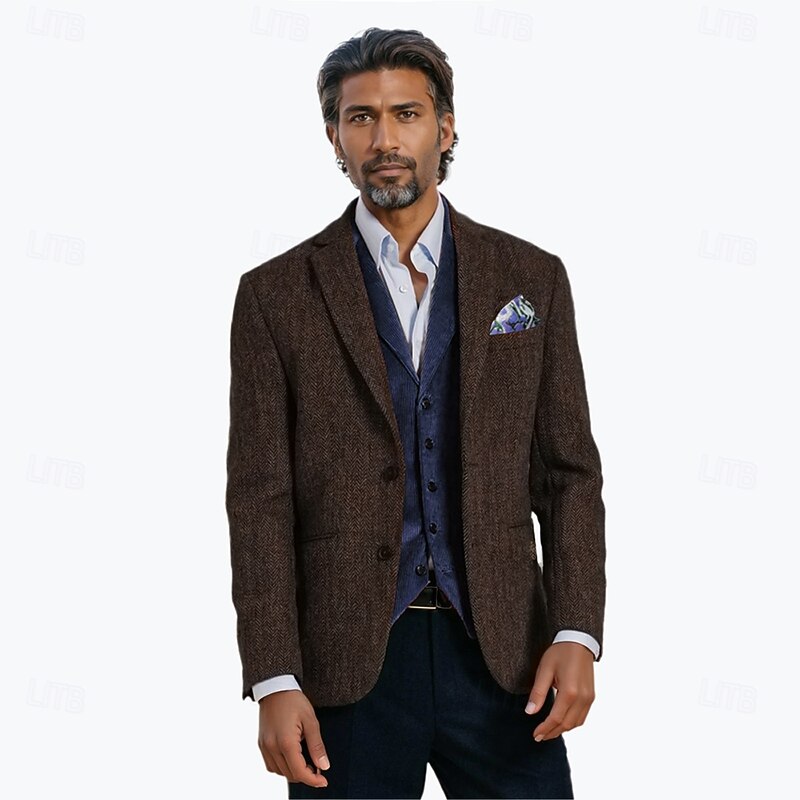 Men's Tweed Blazer Herringbone Blazer Jacket Brown Retro Vintage Classic Standard Fit Single Breasted Two-buttons2