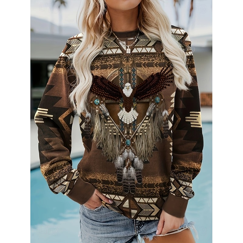 Women's Pullover Sweatshirt Graphic Paisley Warm Vintage Western Long Sleeve Crew Neck Regular Tops Street Dailywear Casual Print Blue Brown Dark Blue Spring Fall Winter