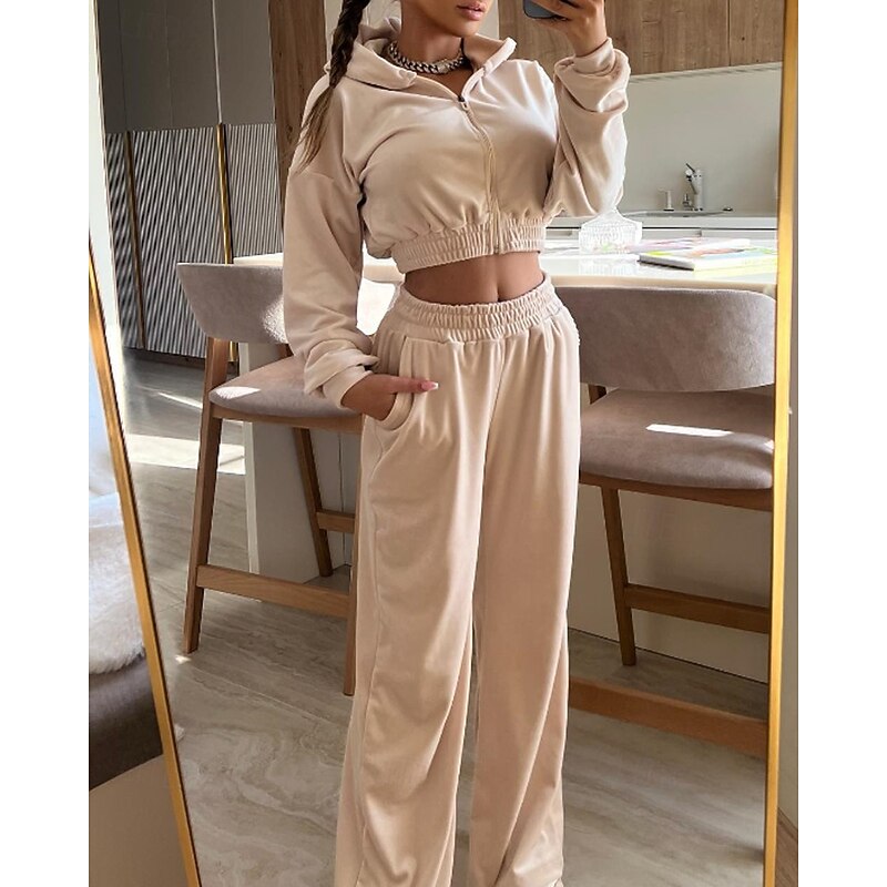 Women's Tracksuit Sweatpants Wide Leg Pants Cropped Zipper Pocket Solid Colored Clothing Suit Fall Black White Gym Athleisure Running Thermal Warm Windproof Long Sleeve Sport Activewear Stretchy3