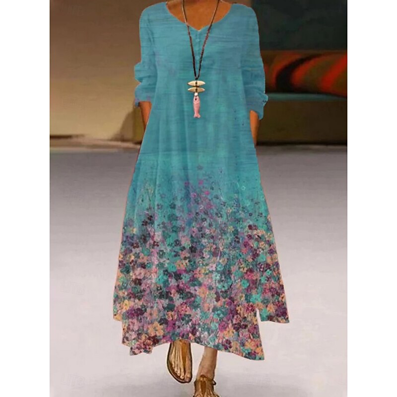 Women's Maxi Dress A Line Dress Casual Outdoor Going out Regular Fit Floral Graphic Long Sleeve V Neck Royal Blue Blue Green Khaki Fall4