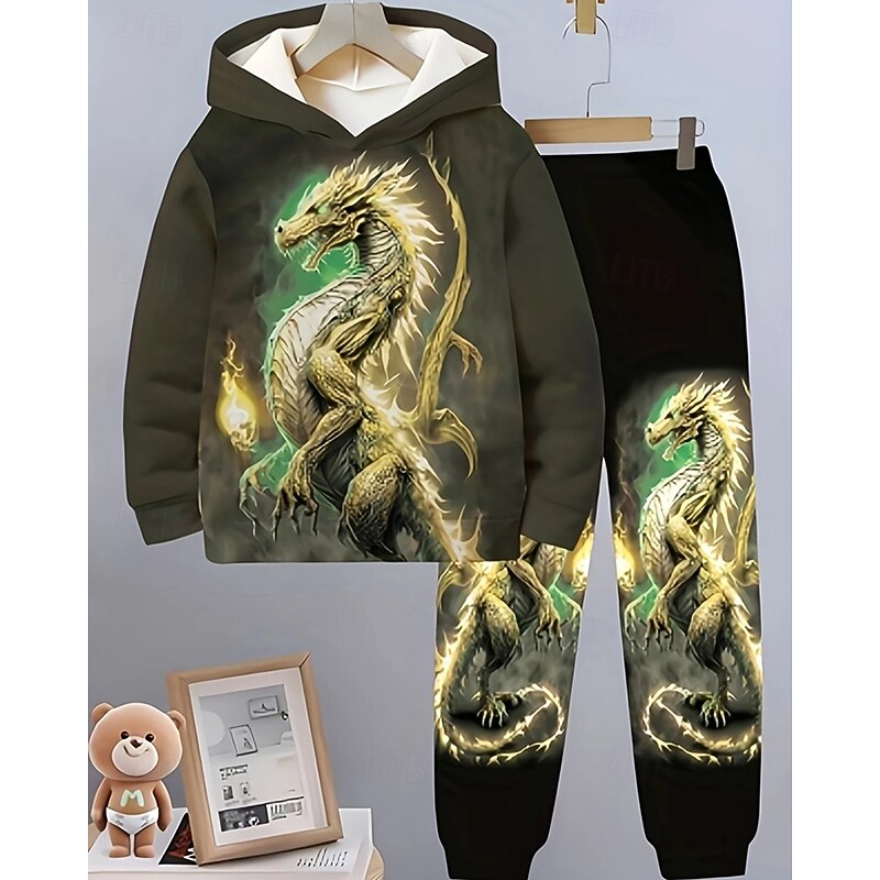 Boys' 3D Dragon Hoodie & Sweatpants Set Sports Suit Tracksuits Long Sleeve Spring Fall Daily Basic Casual Kids 4-12 Years Hooded Outdoor Vacation Sports Tailored Fit