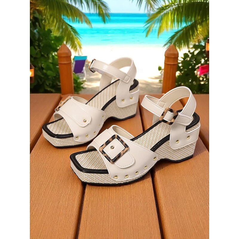 Women's White Platform Wedge Sandals with Double Buckle Straps – Boho - Chic Vacation Footwear for Beach Getaways & Summer Trips4