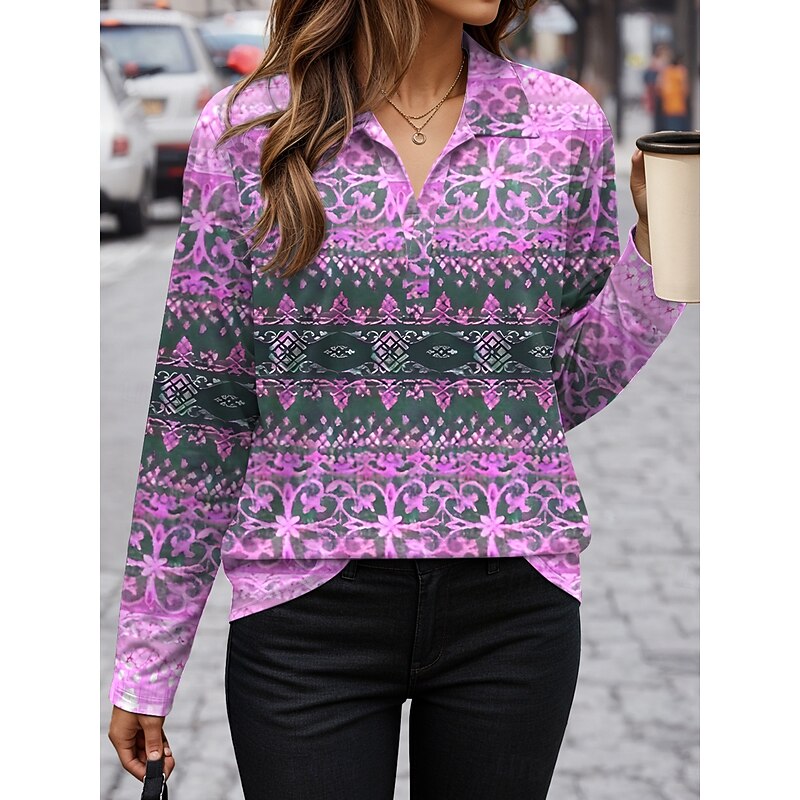 Women's T Shirt Graphic Geometry Vintage Stylish Casual Long Sleeve V Neck Shirt Collar Regular Tops Daily Print Yellow Pink Blue Purple Khaki Fall Winter3