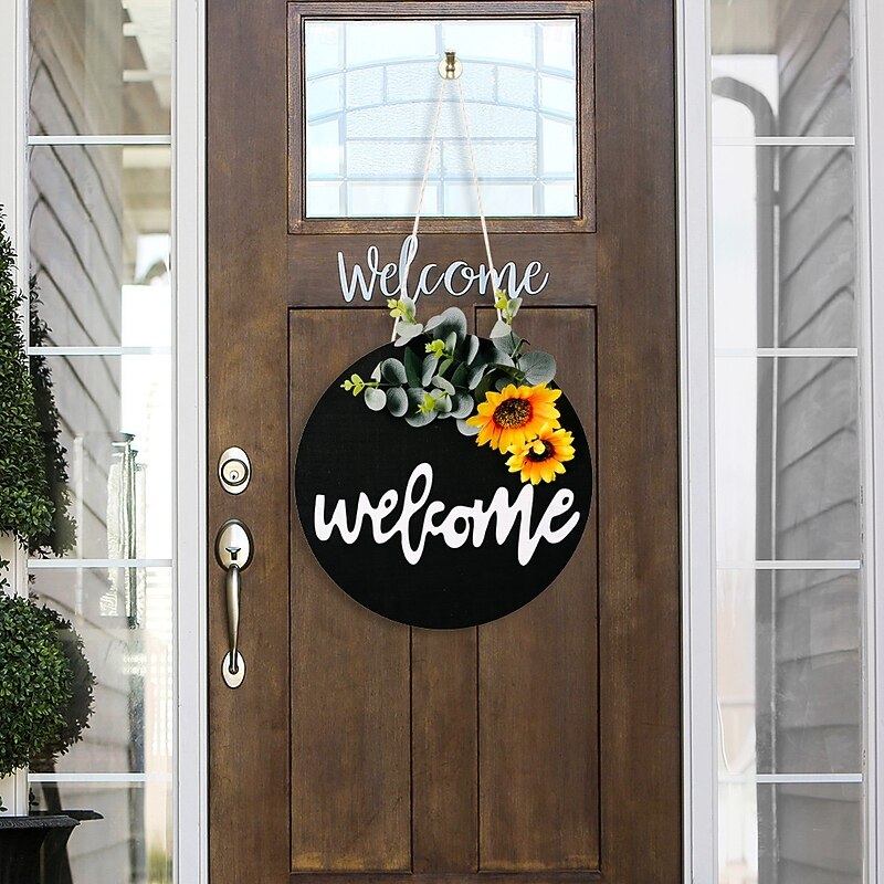 Welcome Sign Front for Door Decoration, Round Wood Wreaths Wall Hanging Outdoor, Farmhouse, Porch, for Spring Summer Fall All Seasons Holiday Christmas2