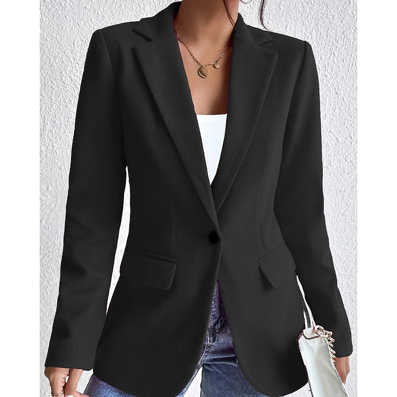 Women's Blazer Comfortable Pocket Buttons Fashion Plain Office Office / Career Single Breasted Regular Turndown Regular Fit Long Sleeve Outerwear Black Pink Rose Red Fall Winter2