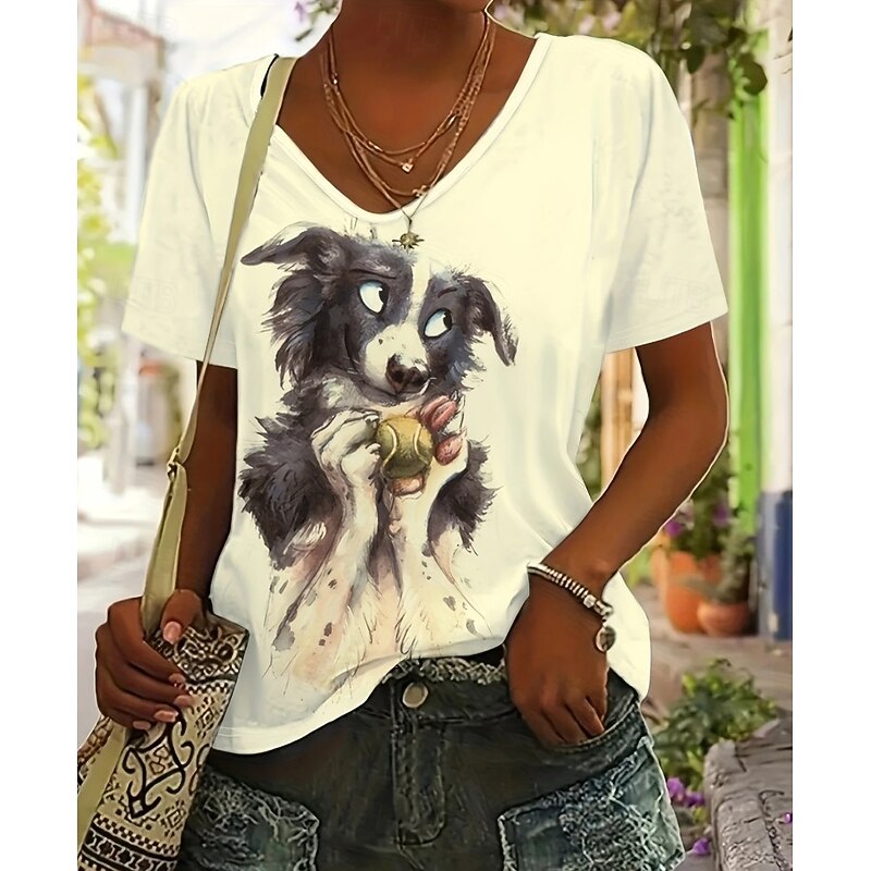 Women's T Shirt Graphic Animal Dog Vintage Stylish Classic Short Sleeve V Neck Regular Tops Daily Going out Weekend Print White Yellow off-white Summer Spring2