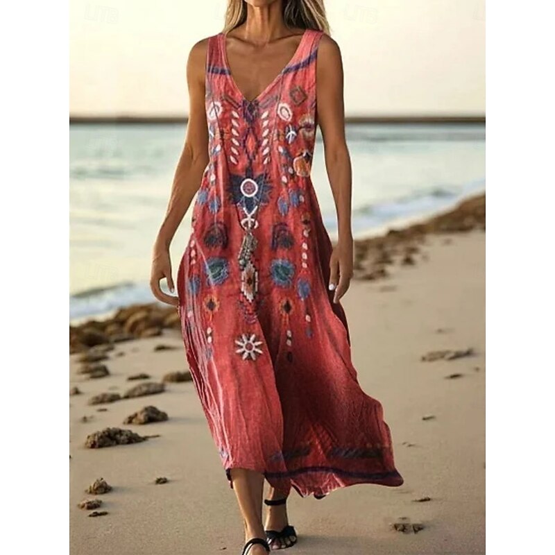 Women's Long Dress Maxi Dress Casual Dress Tank Dress Summer Dress African Daily Holiday Beach Regular Fit Geometric Tribal Sleeveless V Neck Red Khaki Summer3