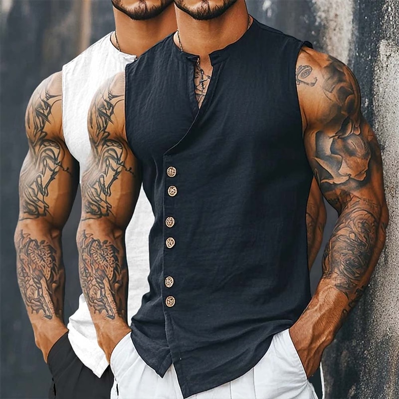 Men's Shirt Linen Shirt Summer Shirt Beach Shirt Vintage Shirt Sleeveless Shirt Plain Daily Streetwear White+khaki Khaki+Black Blue+Khaki White+Black Sleeveless Mandarin Collar Summer Spring Clothing4