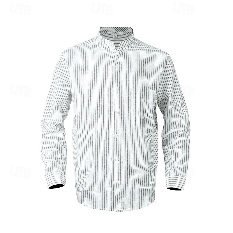 Men's Shirt Linen Shirt Casual Shirt Button Up Shirt Cotton Shirt Plain Vacation Hawaiian Black White Khaki Light Blue Long Sleeve Band Collar Spring Fall Clothing Apparel Button-Down2
