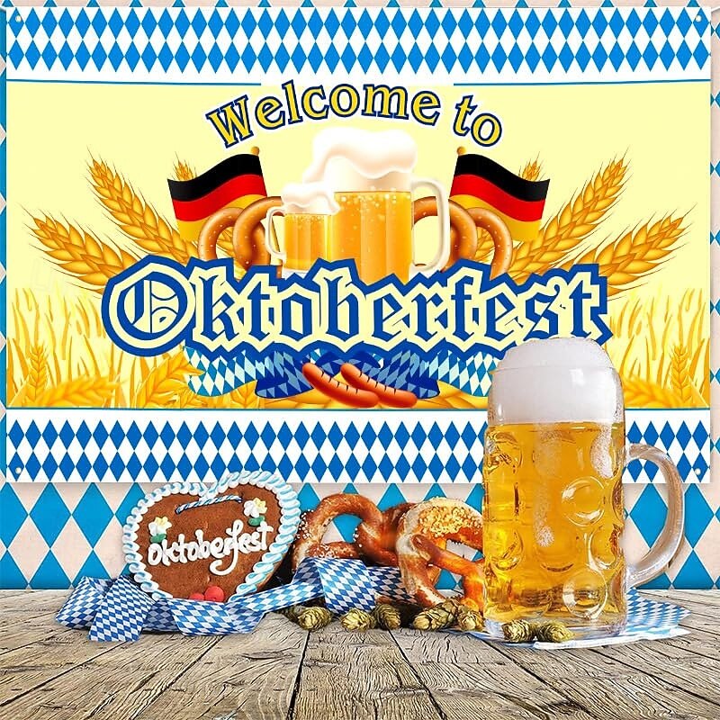 Oktoberfest German Bavarian Hanging Tapestry Pretzel Beer Wall Art Blue White Plaid Large Tapestry Mural Decor Photograph Backdrop Festival2