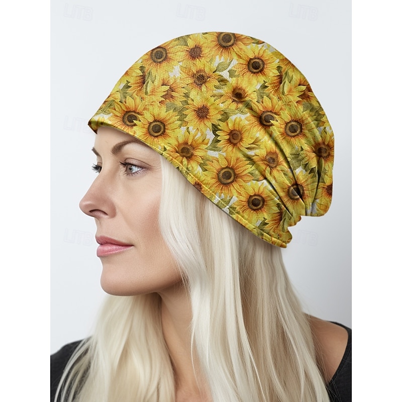 Women's sunflower print beanie cap, Lightweight stretch polyester casual hat, Soft and breathable headwear, Can be used as a neck gaiter, Suitable for casual wear, Outdoor activities and travel