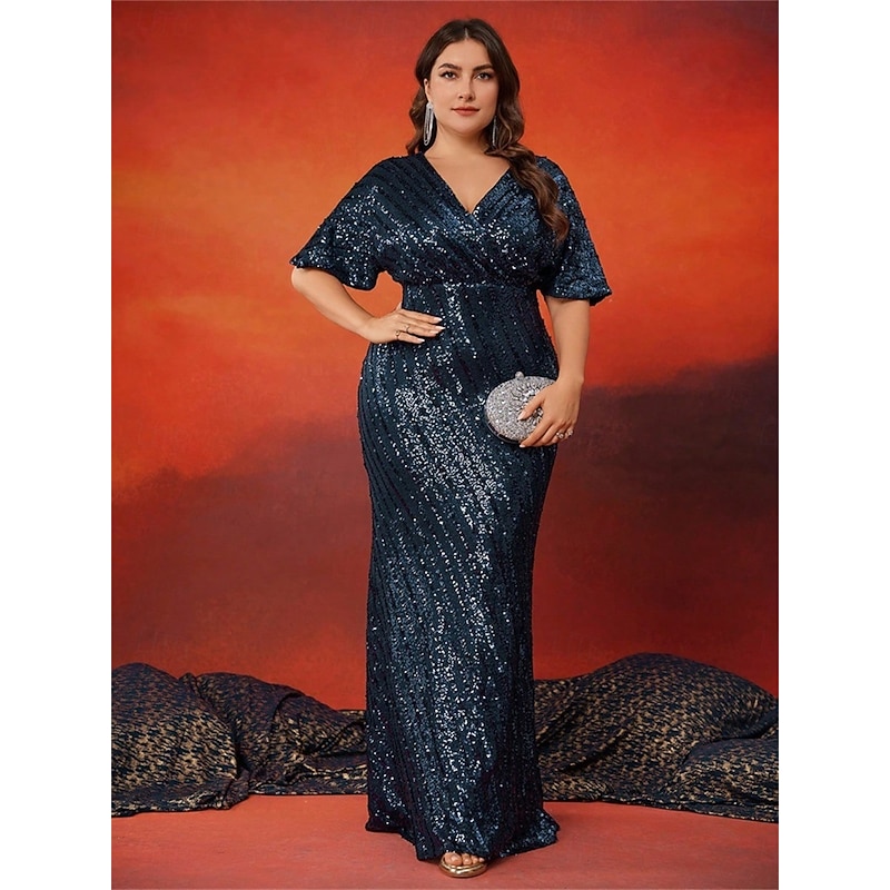Mermaid / Trumpet Plus Size Dresses Elegant Curve Dress Formal Wedding Floor Length Short Sleeve V Neck Polyester with Sequin
