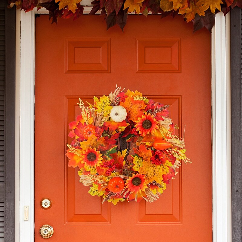 Fall Wreath for Front Door Thanksgiving Autumn Harvest Indoor Outdoor Decoration, Pumpkin Maple Leaf and Sunflower Artificial Grapevine Wreath Door and Window Hanging4