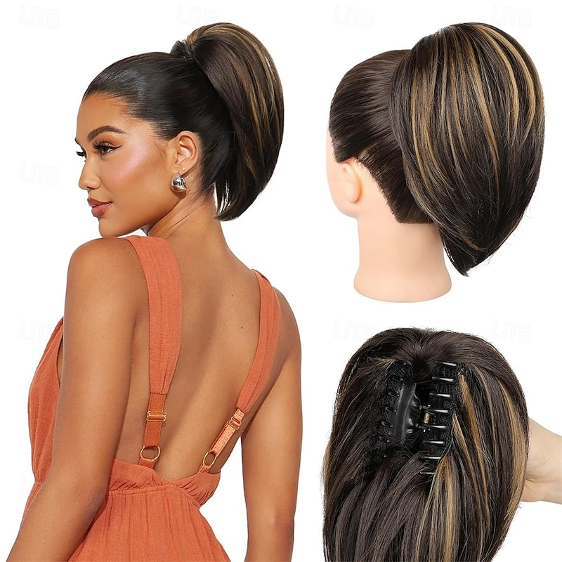 Ponytail Extension 10 Short Claw Clip in Ponytail Hair Extensions Messy Bun Hair Piece Natural Soft Synthetic Straight Pony Tail Hair Pieces for Women - Dark Brown with Highlights