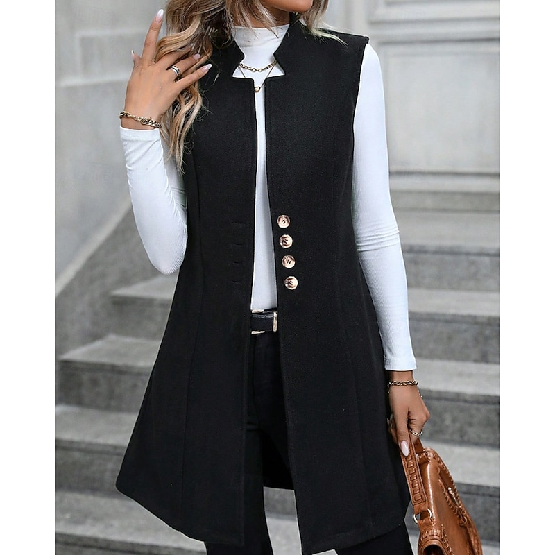 Women's Vest Warm Comfortable Buttons Fashion Plain Holiday Weekend Single Breasted Long V Neck Regular Fit Sleeveless Outerwear Black Red Apricot Fall Winter3