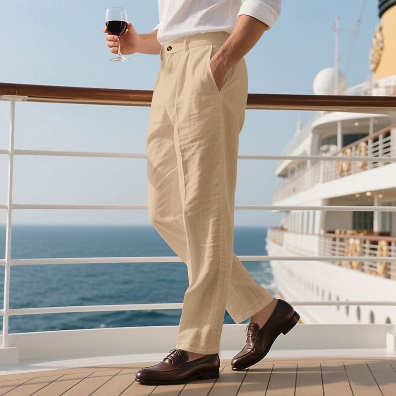 Men's Linen Pants Trousers Summer Pants Casual Pants Buttons Straight Leg Plain Comfort Breathable Full Length Party Business Holiday Fashion Streetwear Black White4